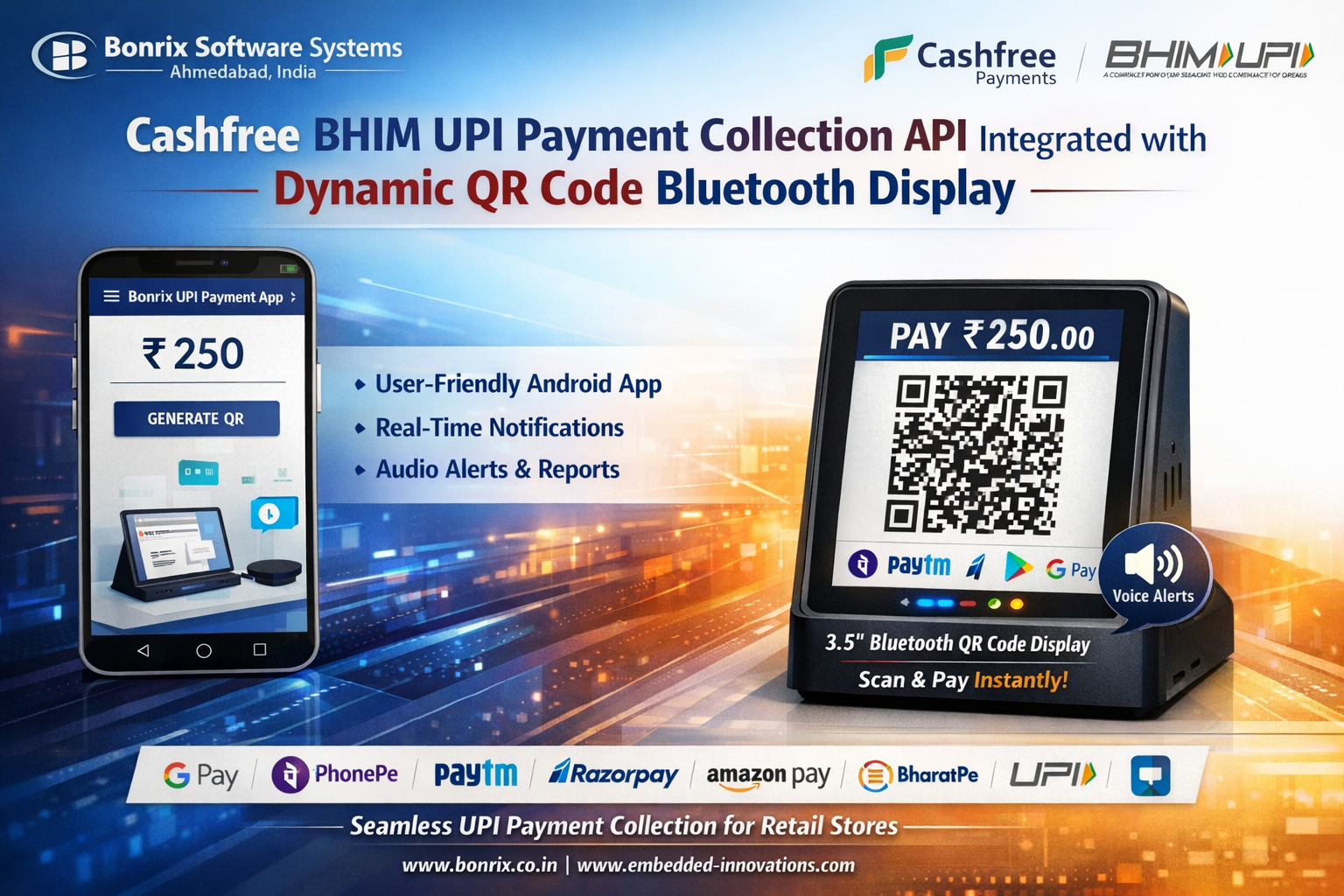 Bonrix Cashfree BHIM UPI Integration with 3.5 inch Bluetooth Dynamic QR Display